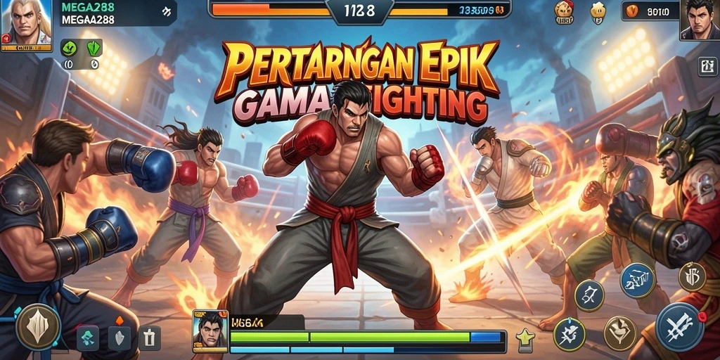 Tampilan gameplay bertarung seru di MEGA288 dengan karakter unik.