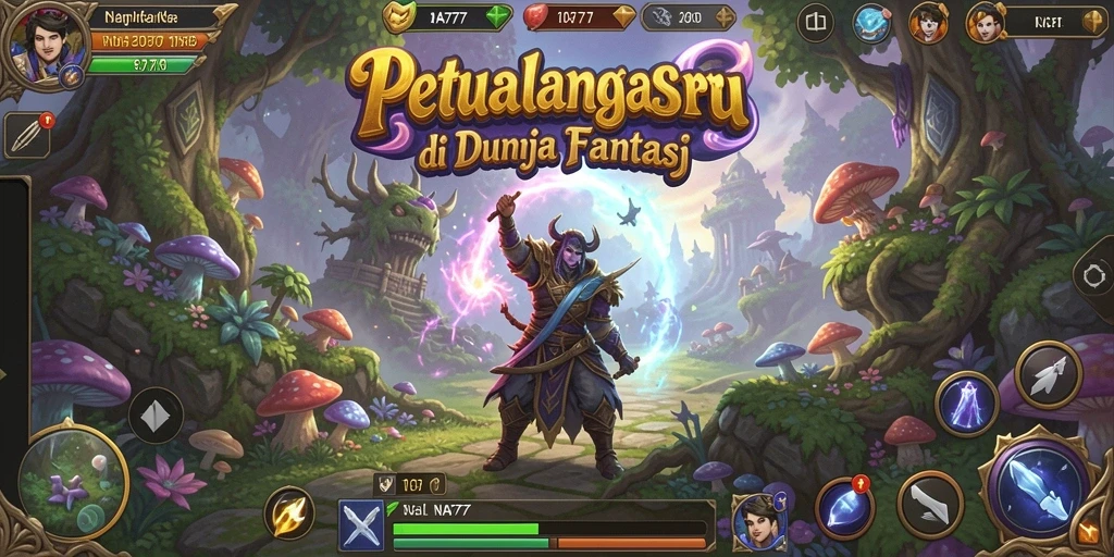 Tangkapan layar menunjukkan karakter utama menjelajahi dunia fantasi yang indah.