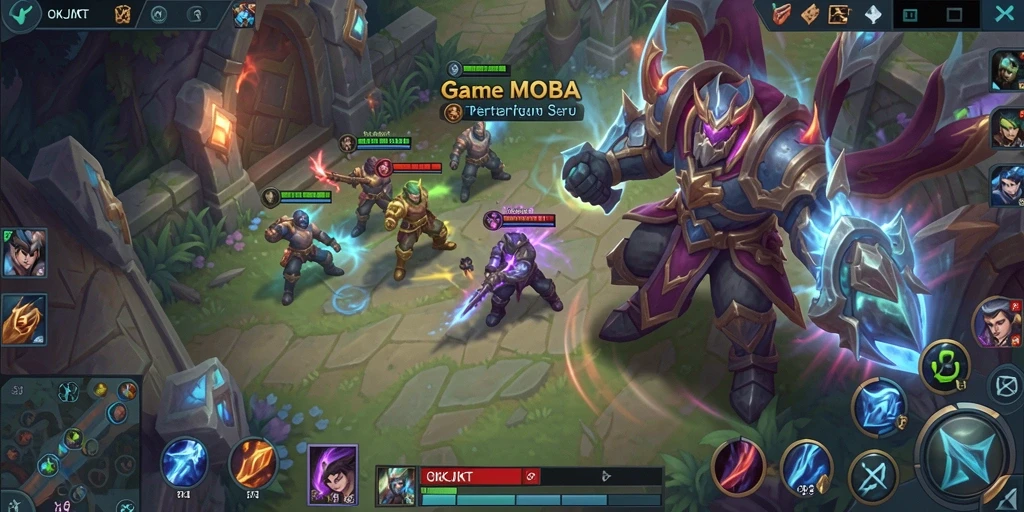 Screenshot menunjukkan aksi seru dalam pertarungan MOBA di OKJKT.